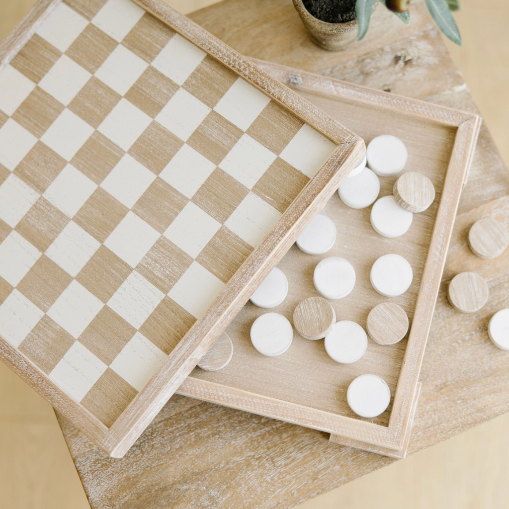 Compact Checkerboard Wood Checker Board Set, w/ Storage– Landen Furniture & Decor
